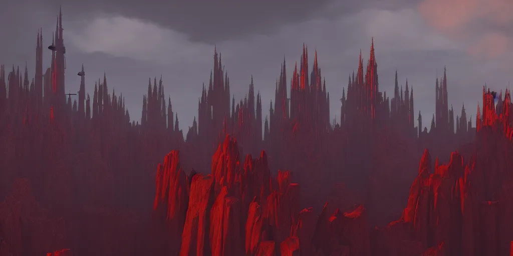 Image similar to dramatic render of a cathedral, gothic architecture, tall spires, top of a red rock canyon, vultures, 24mm angle, concept art by studio ghibli and eddie mendoza, atmospheric, moody, dark, cinematic, volumetric lighting, 8K