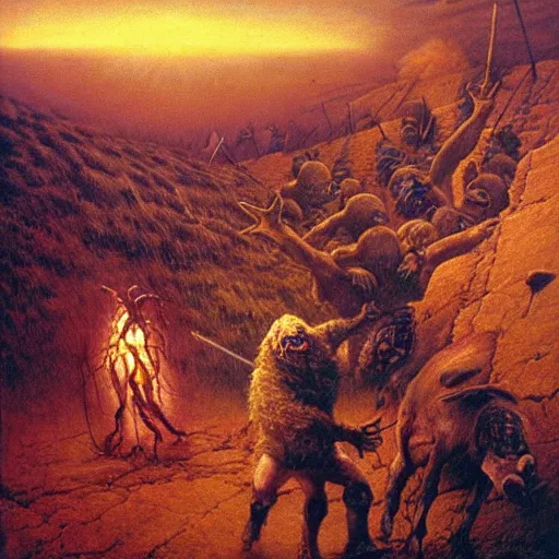 Prompt: ultra realistic painting of harold h. hamlet fending off the corrupted soldiers of recda, the last witch of the north on the mountain of gratsville but the great swine of the seventh sun is casting a spell to cause a catastrophe, by beksinski