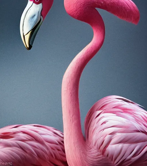 Prompt: very beautiful portrait of a pink flamingo, smooth, perfect face, fantasy, character design by mark ryden and pixar and hayao miyazaki, sharp focus, concept art, harvest fall vibrancy, intricate detail, cinematic lighting, hyperrealistic, 3 5 mm, diorama macro photography, 8 k, 4 k
