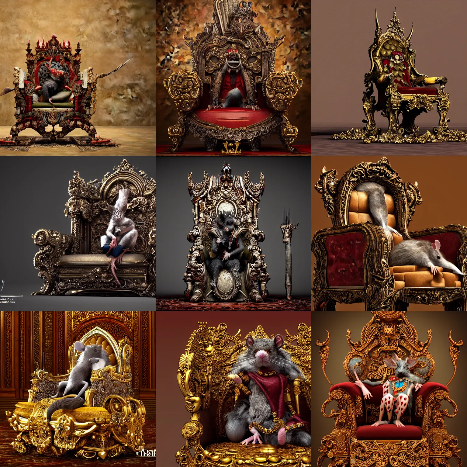Prompt: the rat king resting upon his ornate throne, octane render, detailed