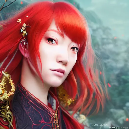 Image similar to highly detailed key visual concept portrait of a red hair beautiful girl in a genshin impact, fantasy illustration, by coco kim, photorealistic, unreal engine, blender render, detailed and intricate environment, trending on artstation