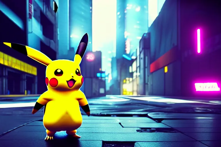 Image similar to a pikachu in a cyberpunk city. super realistic 8 k render of a elegant, cinematic composition