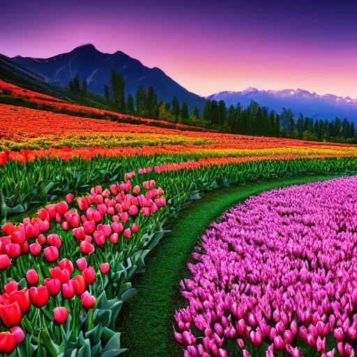 Image similar to beautiful mountain landscape during sunset with tulips and lightrays