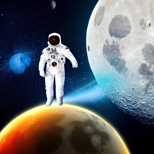 Prompt: HD 4k astronaut floating in space next to the moon, nebula, space dust