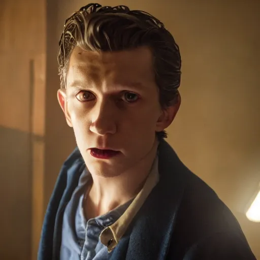 Image similar to tom holland as a rough dirty old man with a scruffy beard in a dark blue trenchcoat as the new doctor who, cinematic, volumetric lighting, f 8 aperture, cinematic eastman 5 3 8 4 film, photorealistic