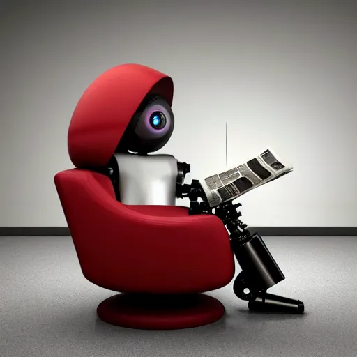 Prompt: futuristic studious matte brown and red and chrome full-body humanoid robot with two huge round expressive sad purple glowing LED eyes and open rectangular mouth sitting on a large comfortable cushioned 1950s vintage recliner reading a newspaper. open newspaper. full shot Cinematic Movie Photograph, Arri Alexa, Extremely Detailed, smooth, very very clean, 8K, octane render, maya render, unreal engine, trending on artstation, DSLR, excellent composition, center frame