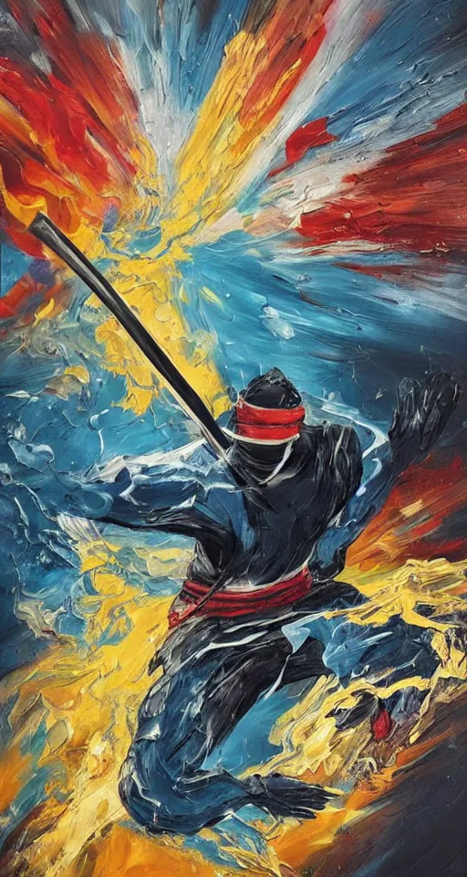 Prompt: beautiful abstract painting, man, ninja with katana of water wave, full body, water fists of fury, crazy hate face, jumping leaping heroic attack, action scene, ultra detailed