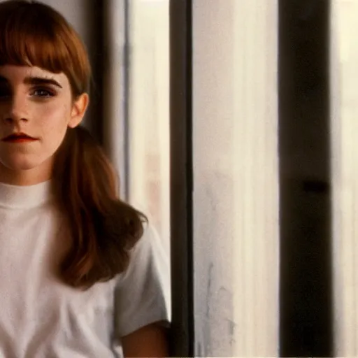 Image similar to photo, emma watson, film still from my mom is in jail ( 1 9 8 5 ), kodak ektachrome 1 2 0, 2 6 mm,