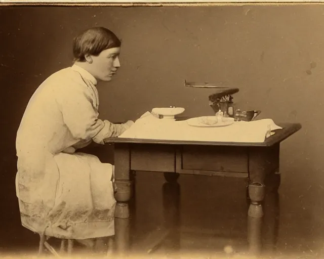 Image similar to an early 1800s photo of someone sitting at a computer making a donut on a computer in blender3d