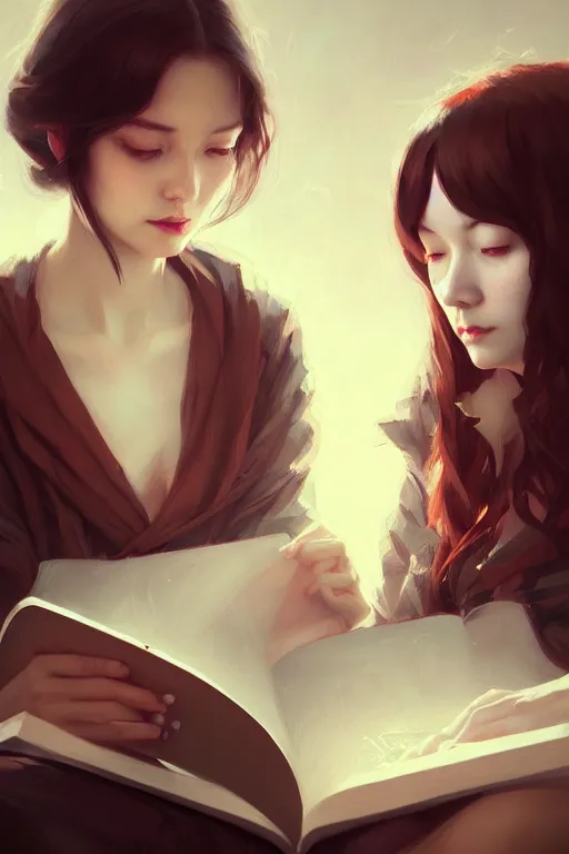 Prompt: portrait of two wise and very beautiful women reviewing some texts, art by guweiz, matte painting, intricate, elegant, highly detailed, smooth, sharp focus, artstation