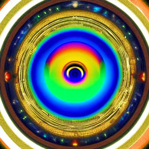 Prompt: still of rainbow ophanim surrounded by large diagonally rotating rings, giant eyeball in the middle of the ophanim, 8 k, octane render, 3 5 mm, amazing details, beautiful composition
