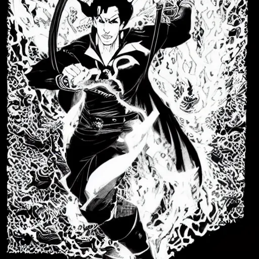 Image similar to pen and ink!!!! attractive 22 year old Dr. Strange Gantz monochrome!!!! Frank Zappa highly detailed manga Vagabond!!!! telepathic floating magic swordsman!!!! glides through a beautiful!!!!!!! battlefield magic the gathering dramatic esoteric!!!!!! pen and ink!!!!! illustrated in high detail!!!!!!!! graphic novel!!!!!!!!! by Hiroya Oku!!!!!!!!! and Frank Miller!!!!!!!!! MTG!!! award winning!!!! full closeup portrait!!!!! action manga panel