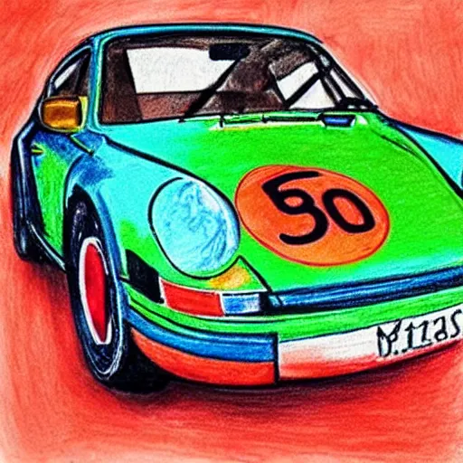 Prompt: “preschoolers crayon drawing of a Porsche 911”