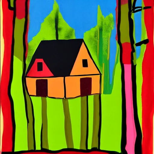 Image similar to a painting of a eerie cabin in the middle of the woods in the style of andy warhol