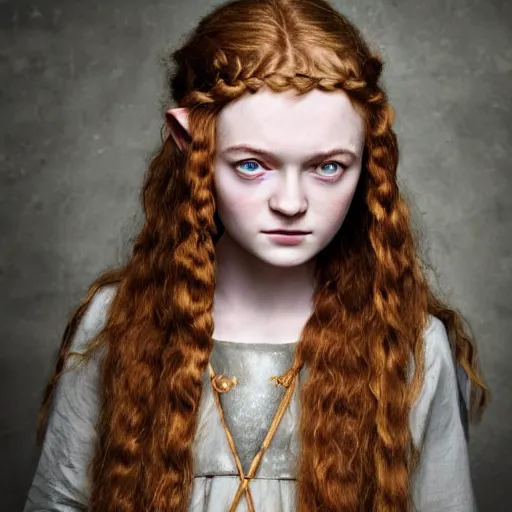 Prompt: a portrait of an elvish young girl, looking like Sadie sink, wild hairstyle, 8k, beautiful