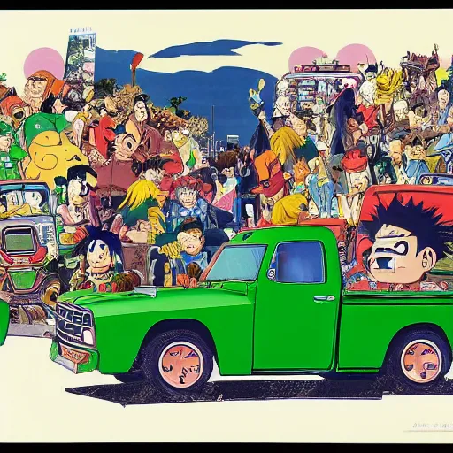 Image similar to a japanese print of a gorillaz album cover, green pickup car, art by akira toriyama.