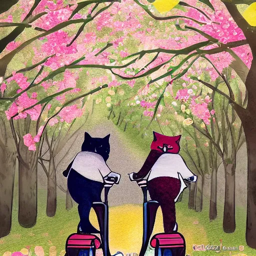 Prompt: a cute artwork of two cats riding scooters through a forest of cheery blossom trees