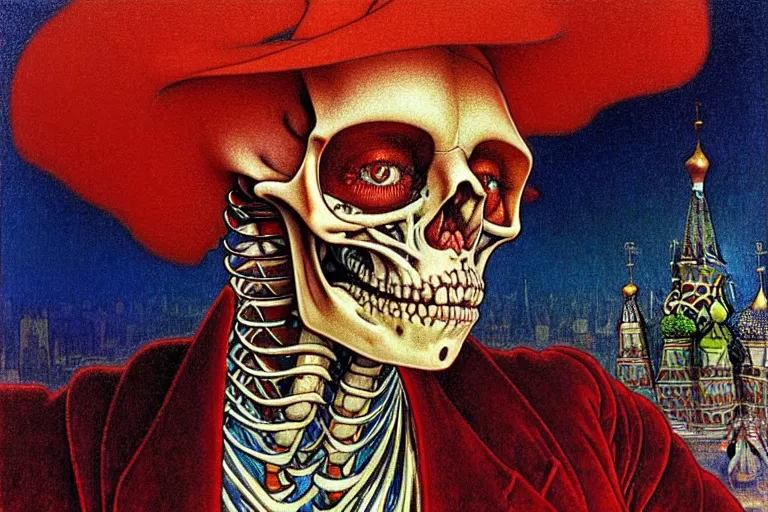 Image similar to realistic detailed closeup portrait painting of a single skeleton wearing red velvet blazer in a crowded futuristic moscow street by Jean Delville, Amano, Yves Tanguy, Alphonse Mucha, Ernst Haeckel, Edward Robert Hughes, Roger Dean, rich moody colours, blue eyes