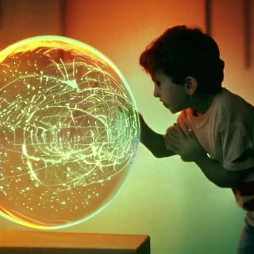 Prompt: film still of a boy playing with a plasma ball, 1990s, film still in the style of Steven Spielberg, wonder, awe, dramatic lighting, 8k, detailed