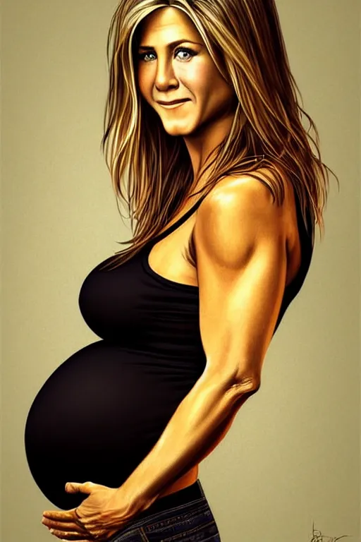 Image similar to pregnant jennifer aniston in a black tank top, realistic portrait, symmetrical, highly detailed, digital painting, artstation, concept art, smooth, sharp focus, illustration, cinematic lighting, art by artgerm and greg rutkowski and alphonse mucha