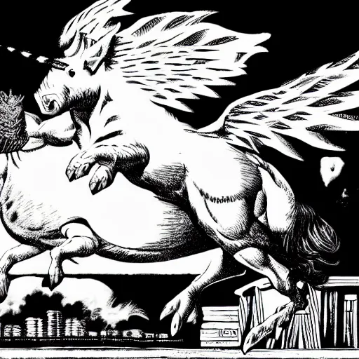 Image similar to winged flying pig with unicorn horn richard corben style black and white