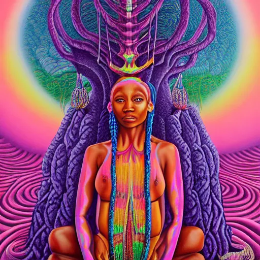 Image similar to a regal and heroic african queen with colorful dreadlocks sitting in a cabana near a pink river with a large glowing baobab tree in the center, by amanda sage and alex grey and evgeni gordiets in a surreal psychedelic style, symmetrical, detailed eyes, oil on canvas 8k, hd