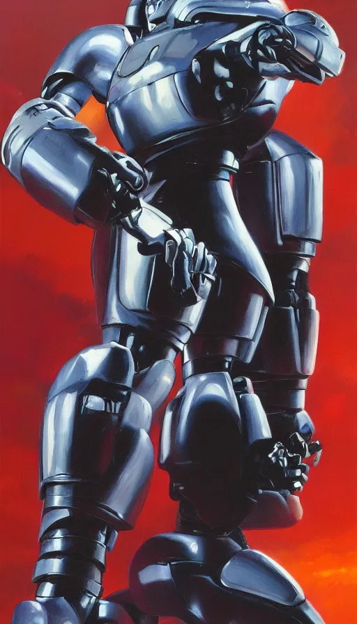 Image similar to robocop, heroic pose, oil painting, rim lighting, by jeff smith