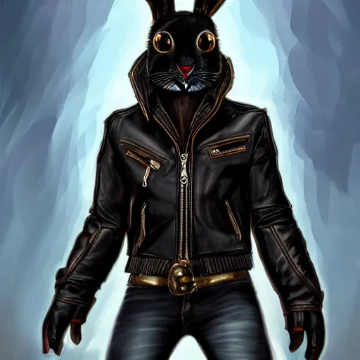 Image similar to A bunny with a small head wearing a fine intricate leather jacket and leather jeans and leather gloves, trending on FurAffinity, energetic, dynamic, digital art, highly detailed, FurAffinity, high quality, digital fantasy art, FurAffinity, favorite, character art