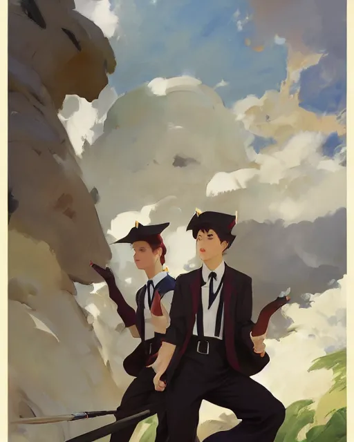 Image similar to magical academy school uniform, jodhpurs greg manchess painting by sargent and leyendecker, studio ghibli, fantasy, medium shot, asymmetrical, intricate, elegant, matte painting, illustration, hearthstone, by greg rutkowski, by greg tocchini, by james gilleard, by joe fenton