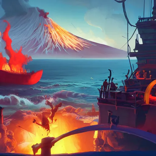 Prompt: a melting pirate on a ship on a scorching hot ship, volcano in the background, d & d, sea of thieves, fantasy digital painting, trending on artstation, concept art, sharp focus, illustration, global illumination, ray tracing, realistic shaded, art by artgerm and greg rutkowski and fuji choko and viktoria gavrilenko and hoang lap