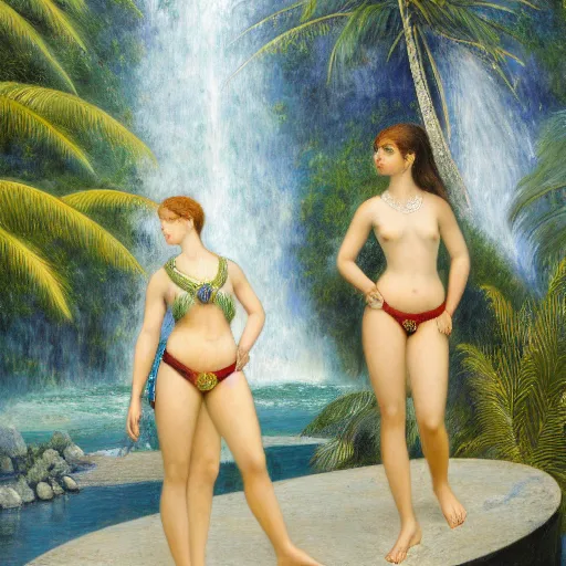 Image similar to a ultradetailed beautiful painting of three beautiful and physically attractive women standing in front of the diamonds waterfall in the amazonas palace balustrade designed by jules bastien - lepage, tarsila do amaral, frank weston and gustave baumann, beach, trending on artstation, mediterranean, palm trees, sharp focus, soft light, 8 k 4 k