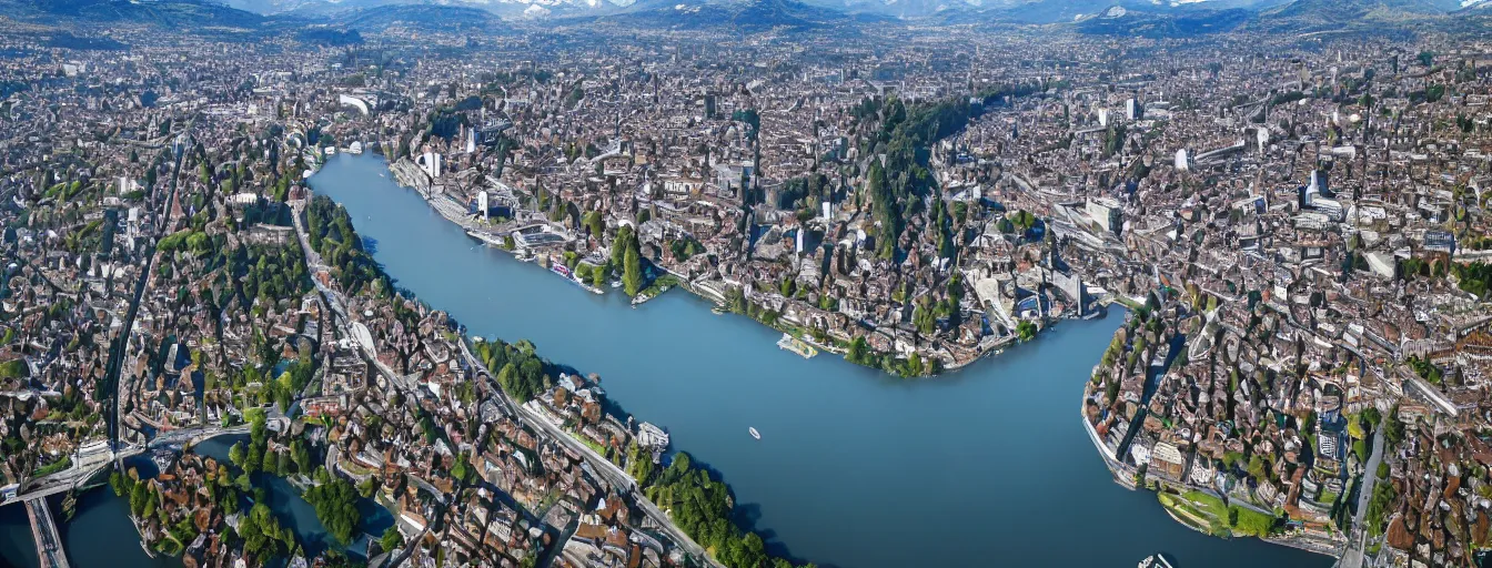 Prompt: Photo of Zurich, looking down the Limmat and the lake and the alps, wide angle, volumetric light, hyperdetailed, light blue water, artstation, cgsociety, 8k