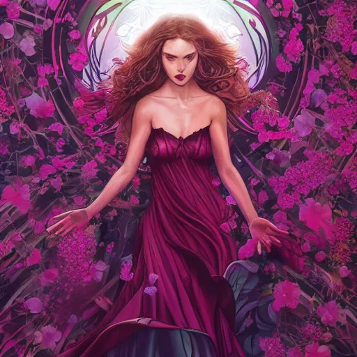 Prompt: scarlet witch in a swirling sundress of flowers, floral explosion, radiant light, vortex of plum petals, by WLOP, Tristan Eaton