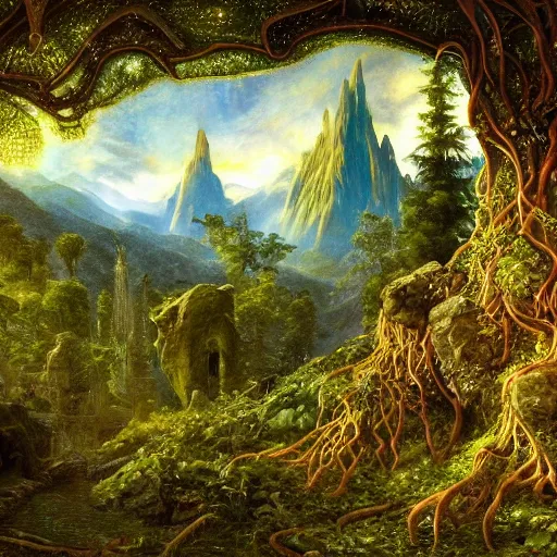 Prompt: a beautiful and highly detailed epic oil painting of an elven palace in the mountains, lush valley, beautiful trees, tangled rune vines, ancient stone runes, intricate details, epic scale, insanely complex, 8 k, sharp focus, hyperrealism, fantasy landscape, psychedelic, by caspar friedrich, brian froud, albert bierstadt,