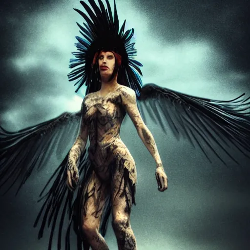 Image similar to full body pose, hyperrealistic photograph of a raven woman, dim volumetric lighting, 8 k, octane beautifully detailed render, extremely hyper detailed, intricate, epic composition, cinematic lighting, masterpiece, trending on artstation, very very detailed, stunning, hdr, smooth, sharp focus, high resolution, award, winning photo, dslr, 5 0 mm