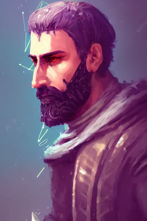 Image similar to a portrait of the cyberpunk medieval - styled king, purple eyes, short beard, high - contrast, intricate, elegant, highly detailed, digital painting, artstation, concept art, smooth, sharp focus, illustration