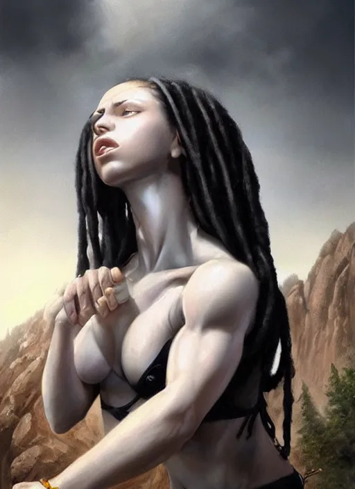 Image similar to girl with pale white skin and black dreadlocks, muscular upper body, beautiful highly detailed face, complementary lighting, backlit, black eyeshadow, dark eyes, adventure, dramatic lighting, landscape background, beautiful painting by artgerm and greg rutkowski and raymond swanland