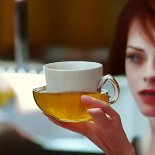 Image similar to photo of glados drinking tea, realistic, sharp focus