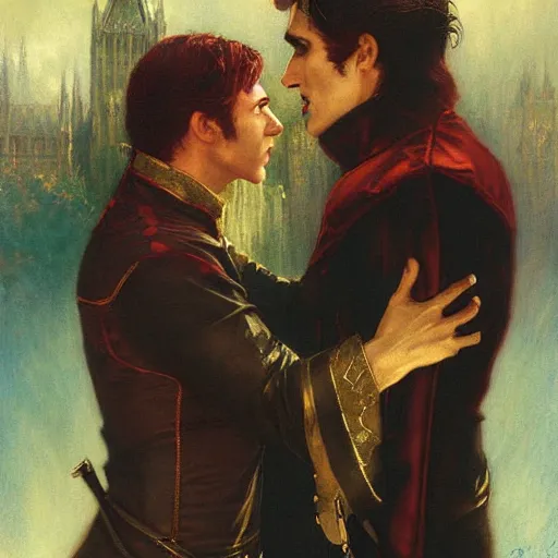 Image similar to attractive male, arthur pendragon confesses his love to attractive male dracula the vampire. highly detailed painting by gaston bussiere, craig mullins, j. c. leyendecker 8 k