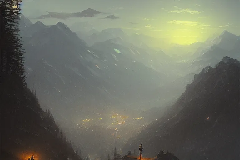 Prompt: a detailed amazing picture of night, mountains ， two people, by greg rutkowski and thomas kinkade, trending on artstation