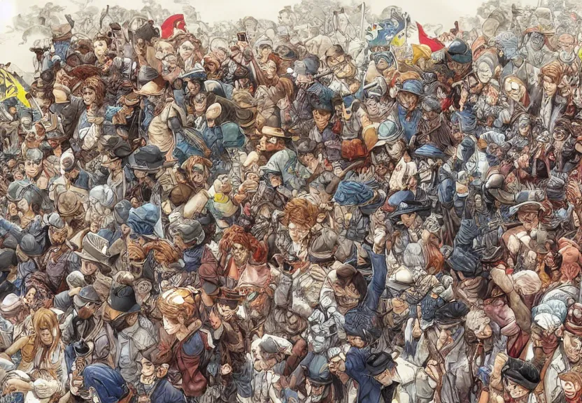 Image similar to i am happy to join with you today in what will go down in history as the greatest demonstration for freedom in the history of our nation. ultrafine detailed colored illustration by kim jung gi, james jean, intricate linework, sharp focus, octopath traveler, final fantasy, unreal engine highly rendered, global illumination, radiant light, intricate environment