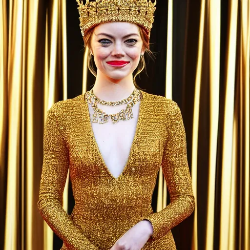 Image similar to A full body shot of Emma Stone wearing a golden Arabian crown , royality, high quality, fully detailed, 4k