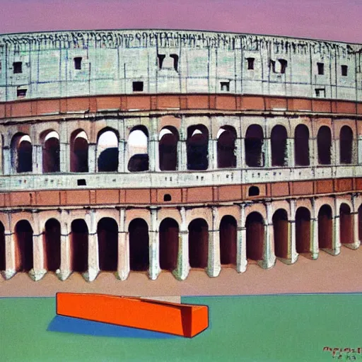 Prompt: the Colosseum as an overflowing trash can in Rome, HD, style of Matisse