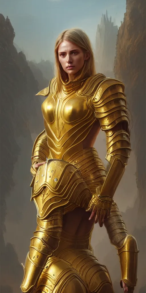 Prompt: professional digital art of a hyper realistic and highly detailed woman beautiful golden armor. accurate rending of one woman in armor. greg rutkowski, zabrocki, karlkka, jayison devadas, intricate, trending on artstation, 8 k, unreal engine 5, pincushion lens effect