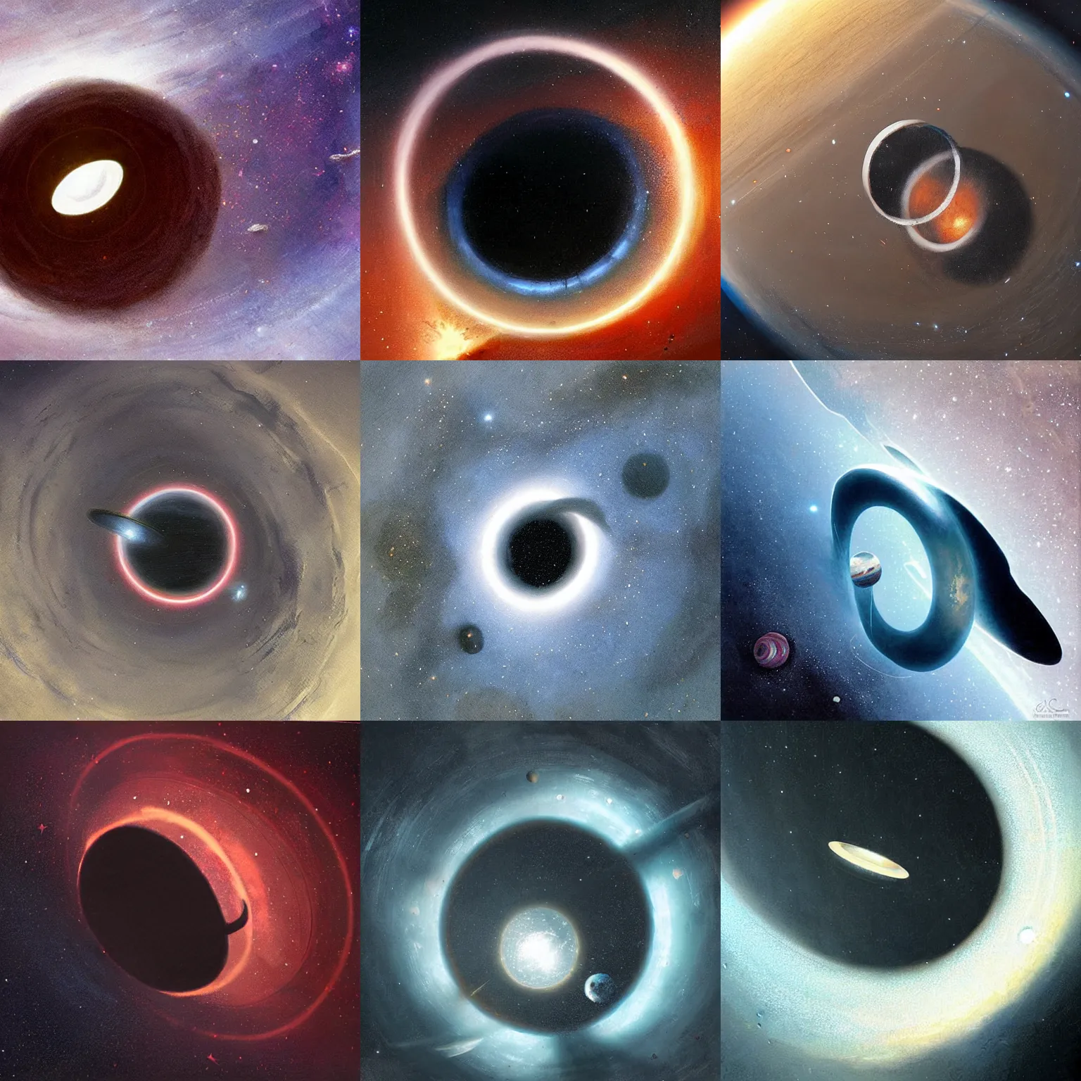 Prompt: large rings in space, seen from above, dark, painted by greg rutkowski