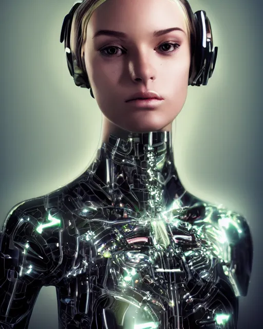 Image similar to fashion portrait, most beautiful girl in the world, glowing cybernetic augments, hyperrealism, year 2447, cdx