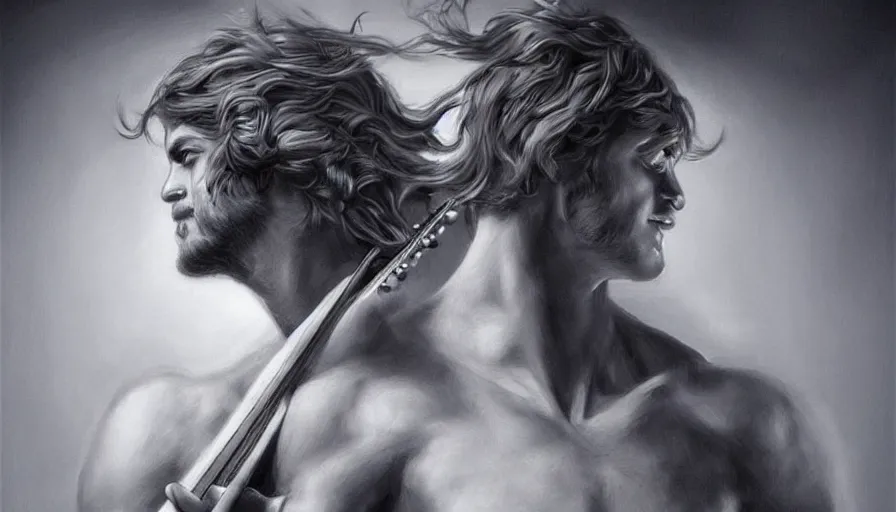 Image similar to The greek god of music, beautiful realistic artwork on artstation
