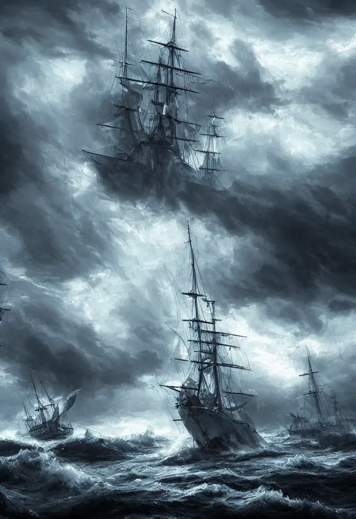 Prompt: intense ship persecution, ship being persecuted by a police ship over raging turbulent waters, hyper realistic, highly detailed, digital art, apocalyptic, intimidating lighting, raytracing, sharp focus, smooth, romanticism