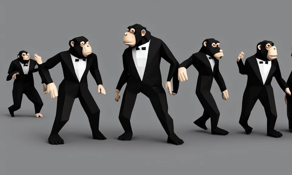 Prompt: Five apes against two millionaires wearing tuxedos. Low Poly.