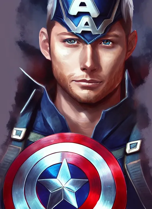 Image similar to an anime portrait of jensen ackles as a beautiful man wearing a captain america costume from skyrim, by stanley artgerm lau, wlop, rossdraws, james jean, andrei riabovitchev, marc simonetti, and sakimichan, trending on artstation